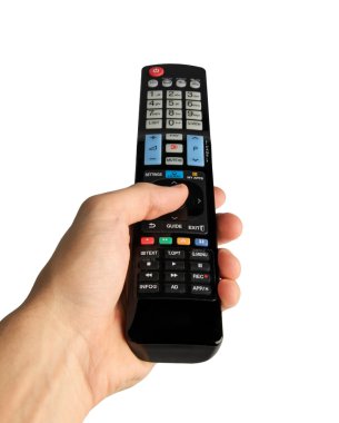 Male hand holding tv remote control isolated on white clipart