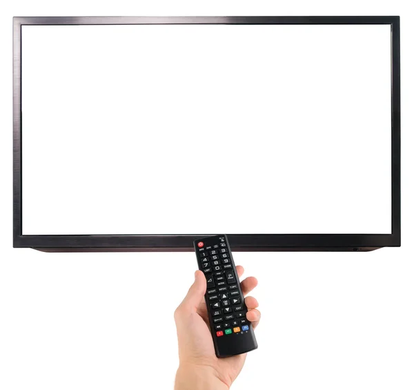 Mannelijke hand met afstandsbediening op de tv geïsoleerd op wit — Stockfoto