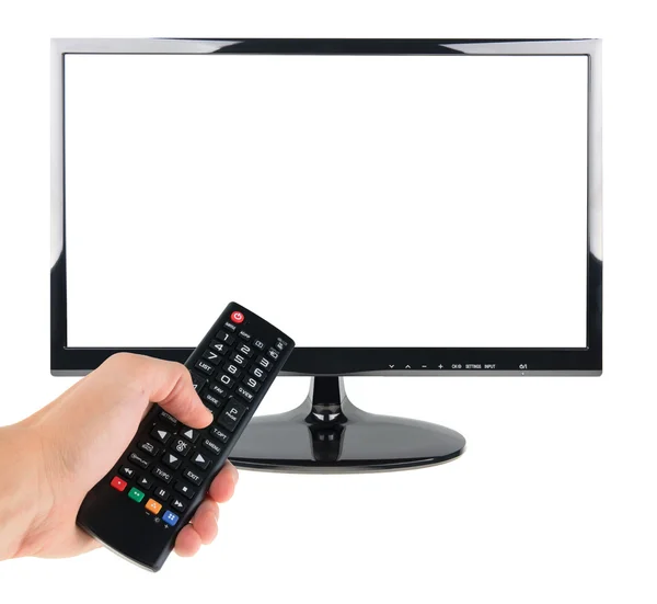 Mano maschile tenendo il telecomando al televisore isolato su bianco — Foto Stock