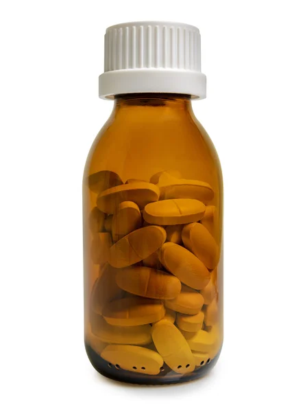 Flacon de pilule jaune isolé sur fond blanc — Photo