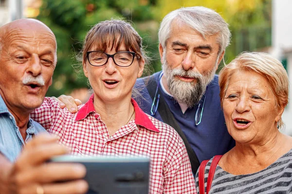 stock image Elderly couples taking selfie with smartphone - Old friends reunion having fun outdoors with each other