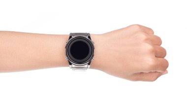 El ve Saat Dijital ve yuvarlak paslanmaz çelik kutusu beyaz arka planda izole edilmiş.