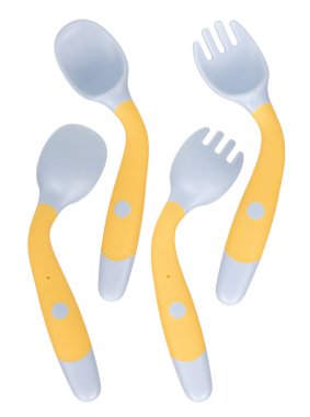 Bükülebilir çocukların Spoon Fork Set 'i eğittiği koleksiyon beyaz arka planda izole edildi.