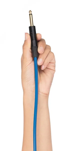 Hand Innehav Mikrofon Kabel Isolerad Vit Bakgrund — Stockfoto
