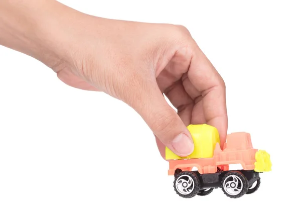 Mão Segurando Caminhão Brinquedo Betão Mistura Isolado Sobre Fundo Branco — Fotografia de Stock