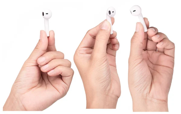 Set Hand Holding Wireless Bluetooth Earphones Headphones Isolated White Background — Stock Photo, Image