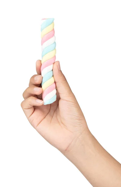 Hand Holding Colorful Marshmallows Isolated White Background — Stock Photo, Image