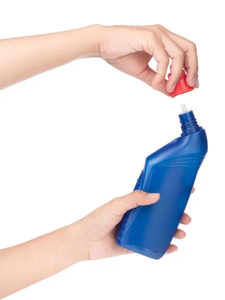 Ręczne Trzymanie Butelek Cleaner Izolowane Białym Tle — Zdjęcie stockowe