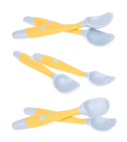 Collection Bendable Kids Training Spoon Fork Set Isolated White Background — Stock Photo, Image