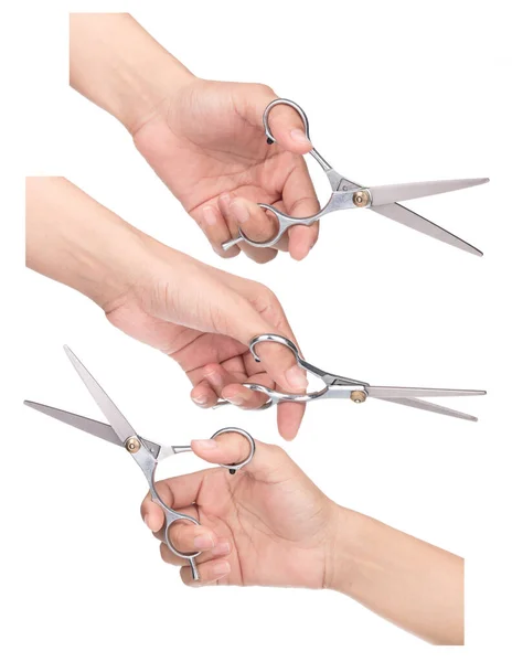Collection Hand Holding Metal Hair Cutting Thinning Scissors Barber Shear — Stock Photo, Image