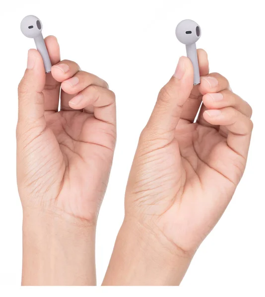 Set Hand Holding Grey Wireless Headphones Isolated White Background — Stock Photo, Image