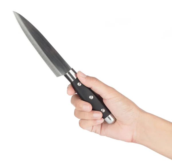 Beyaz Arka Planda Ele Tutuşan Mutfak Bıçağı — Stok fotoğraf