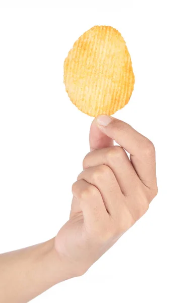 Een Hand Houden Aardappel Snack Geïsoleerd Witte Achtergrond — Stockfoto