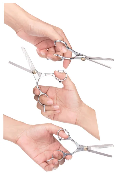 Kolekcja Ręka Gospodarstwa Metal Cięcia Włosów Przerzedzenie Nożyczki Fryzjerskie Nożyce — Zdjęcie stockowe
