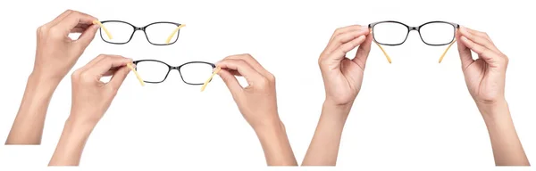 Coleta Mão Segurando Óculos Isolados Fundo Branco — Fotografia de Stock