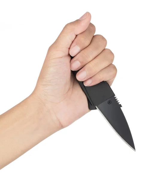 Χέρι Κρατώντας Πτυσσόμενο Μαχαίρι Για Πορτοφόλι Απομονώνονται Λευκό Φόντο — Φωτογραφία Αρχείου