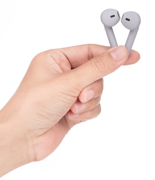 Hand Holding Grey Wireless Headphones Isolated White Background — Stock Photo, Image
