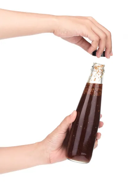 Hand Hält Würzige Saucen Glasflaschen Isoliert Auf Weißem Hintergrund — Stockfoto