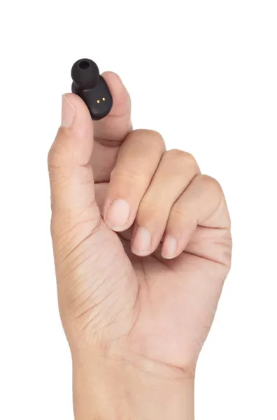 Κράτημα Χεριών Ακουστικό Αυτί Bluetooth Ασύρματο Απομονωμένο Λευκό Φόντο — Φωτογραφία Αρχείου
