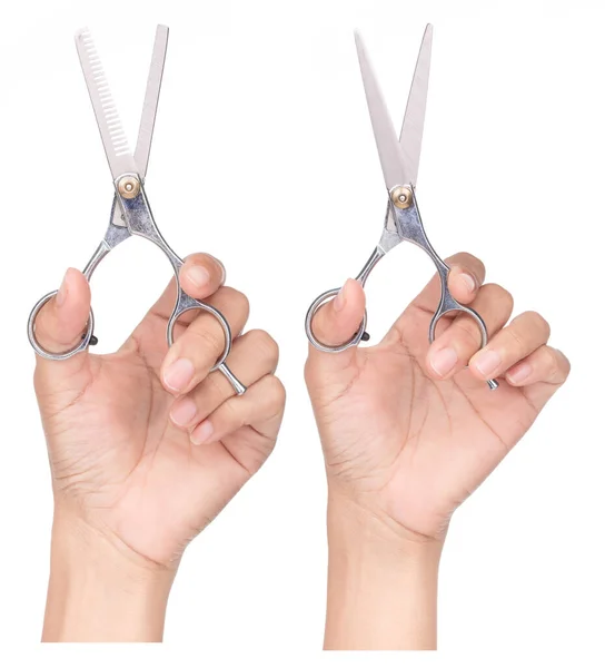 Collection Hand Holding Metal Hair Cutting Thinning Scissors Barber Shear — Stock Photo, Image