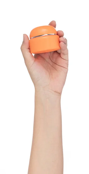 Hand Innehav Grädde Behållare Burk Orange Färg Isolerad Vit Bakgrund — Stockfoto