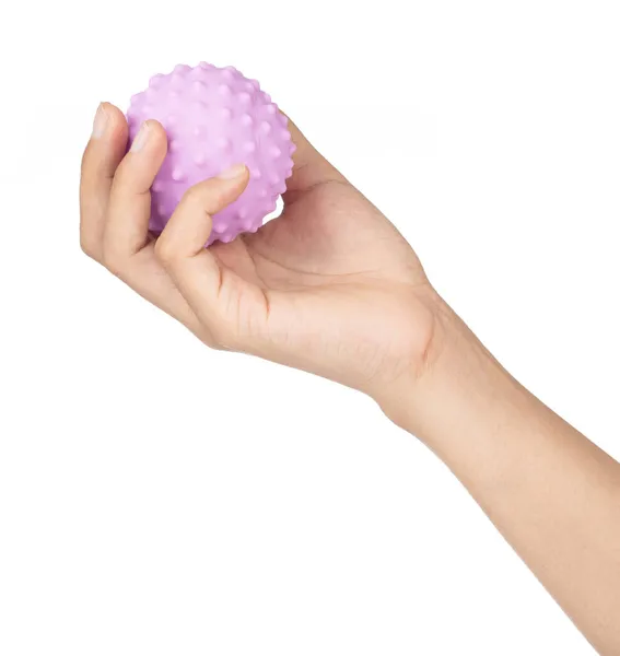 Mão Segurando Brinquedo Bola Borracha Isolado Fundo Branco — Fotografia de Stock