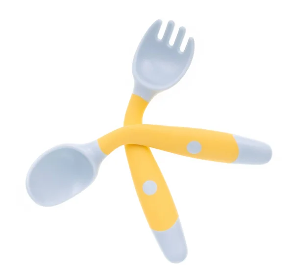 Bükülebilir Çocuklar Spoon Fork Set Beyaz Arka Planda Izole Ediyor — Stok fotoğraf