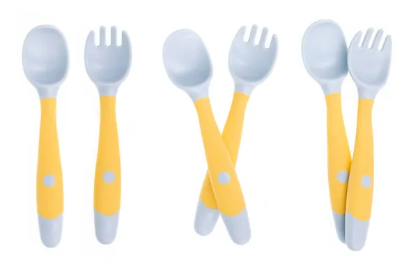 Collection Bendable Kids Training Spoon Fork Set Isolated White Background — Stock Photo, Image