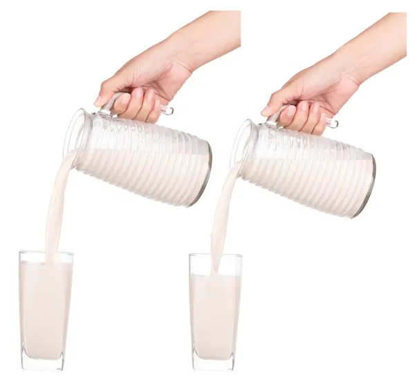Set Hands Holding Jug Milk Pouring Glass Isolated White Background — Stock Photo, Image