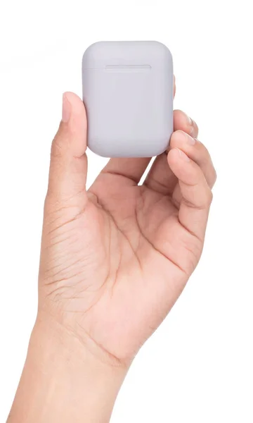 Ręczne Trzymanie Grey Słuchawki Bezprzewodowe Izolowane Białym Tle — Zdjęcie stockowe