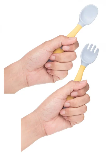 Coleção Mão Segurando Bendable Crianças Formação Spoon Fork Set Isolado — Fotografia de Stock