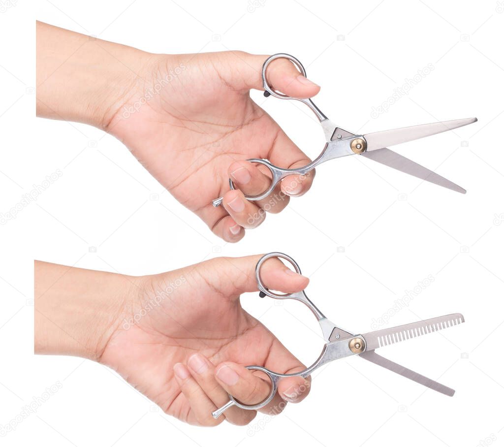 Collection of hand holding Metal Hair Cutting Thinning Scissors Barber Shear Hairdressing Set isolated on white background.