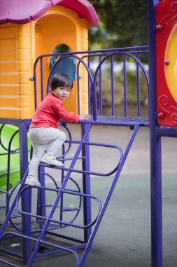 Çocuk kaydırağın üzerinde merdivenleri tırmanır..