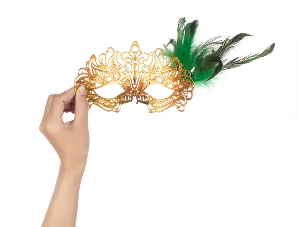 Ruka Drží Krásné Karnevalové Masky Peřím Izolované Bílém Pozadí — Stock fotografie