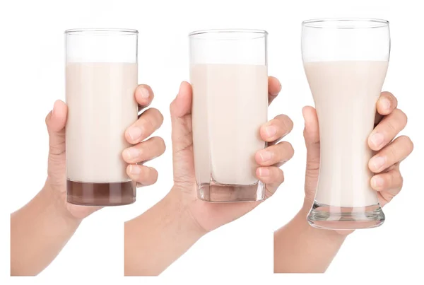 Set Von Hand Hält Glas Milch Isoliert Auf Weißem Hintergrund — Stockfoto