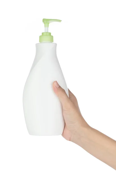 Hand Holding Body Lotion Bottle Isolated White Background — Stock Photo, Image