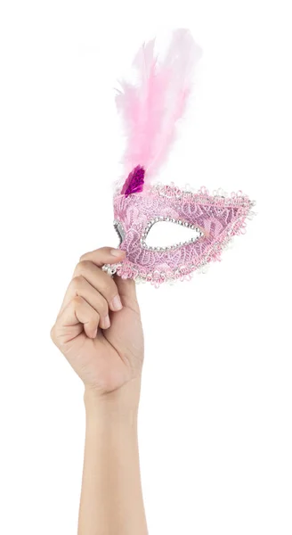 Hand Hält Glitter Mardi Gras Feather Mask Isoliert Auf Weißem — Stockfoto