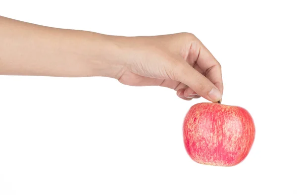 Hand Hält Apple Zur Dekoration Künstlichen Obstschmuck Kunstschaum Gefälschte Imitation — Stockfoto