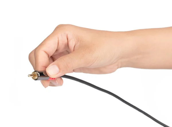 Ręczne Trzymanie Kabla Rca Audio Plug Izolowanego Białym Tle — Zdjęcie stockowe