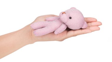 El ele tutuşan Pembe Ayı peluş oyuncakları Beyaz Arkaplanda izole edilmiş küçük oyuncak bebekler.