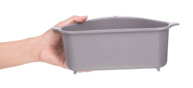 Gri plastik sepet mutfağı, beyaz arka planda izole banyo.