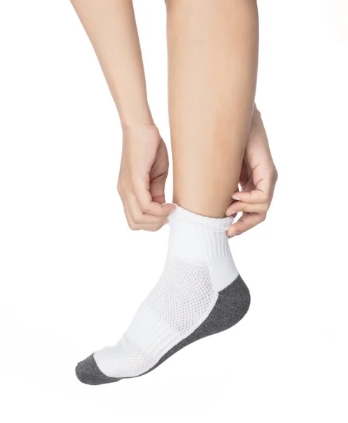Νεαρή Γυναίκα Φορώντας Φωτεινό Βαμβακερό Ύφασμα Κάλτσες Απομονώνονται Λευκό Φόντο — Φωτογραφία Αρχείου