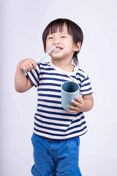 Cute Little Boy Brushing Teeth White Background — Stock Photo, Image