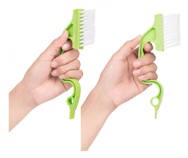 Set Hand Holding Dust Cleaning Brush Computer Isolated White Background — стокове фото