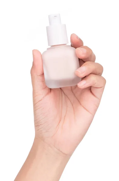 Botella Cosmética Hand Holding Foundation Aislada Sobre Fondo Blanco — Foto de Stock