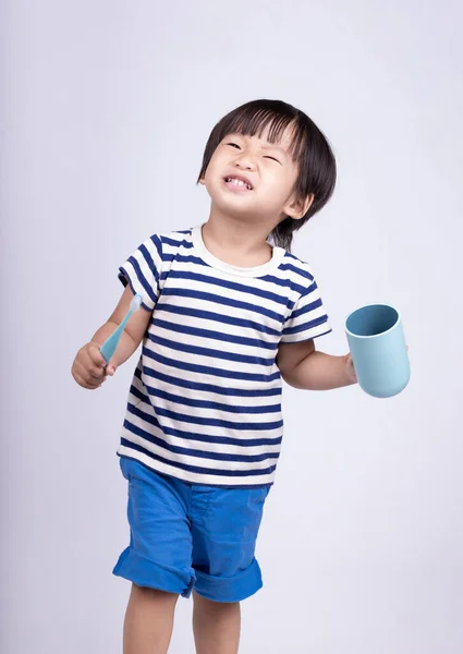 Cute Little Boy Brushing Teeth White Background — Stock Photo, Image