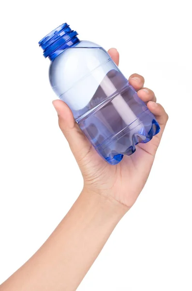 Mano Sosteniendo Botella Agua Plástico Aislado Sobre Fondo Blanco — Foto de Stock