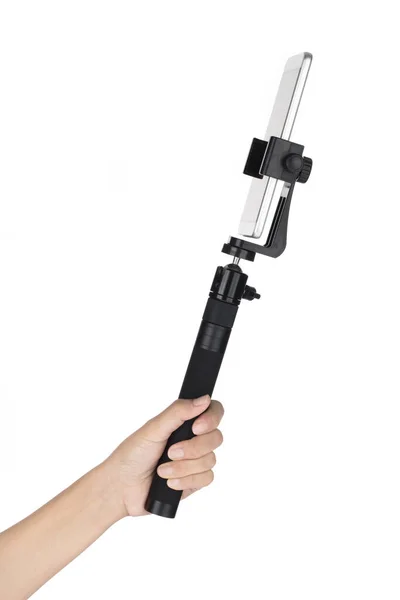 Hand Houden Selfie Stick Mobiel Geïsoleerd Witte Achtergrond — Stockfoto