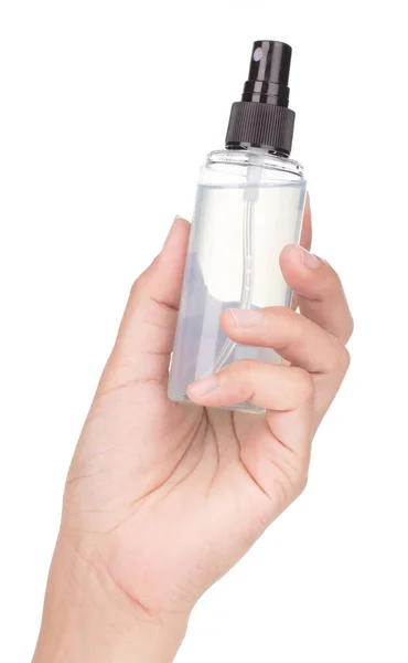 Hand Holding Spray Palack Elszigetelt Fehér Alapon — Stock Fotó
