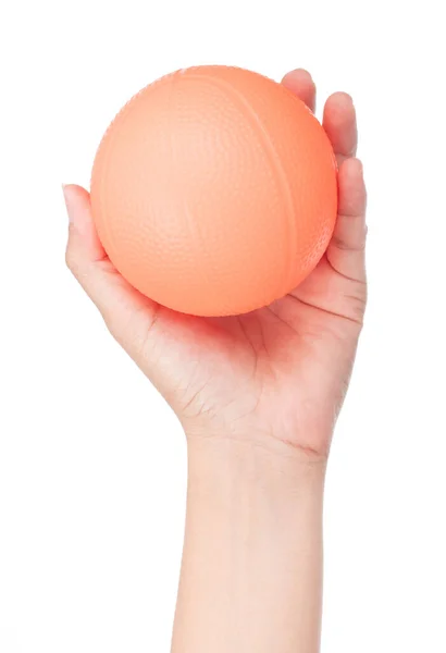 Χειρολαβή Πορτοκαλί Λαστιχένια Μπάλα Που Απομονώνεται Λευκό Φόντο — Φωτογραφία Αρχείου